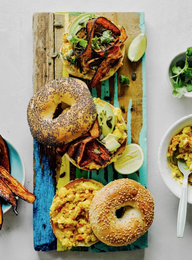 Ackee Scramble and Smoky Aubergine Bagels