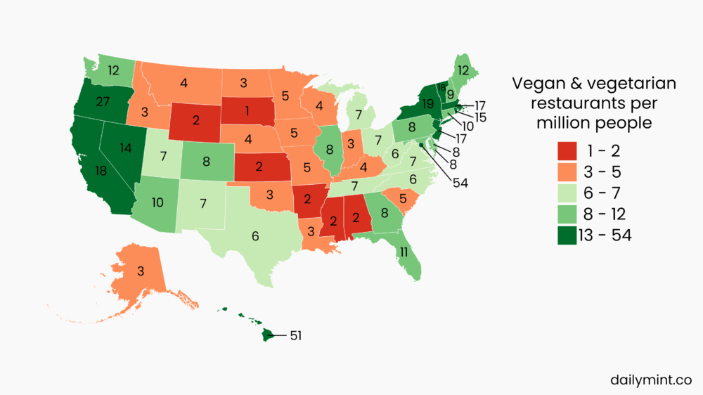 Map of Vegetarian & Vegan-friendly US Countries
