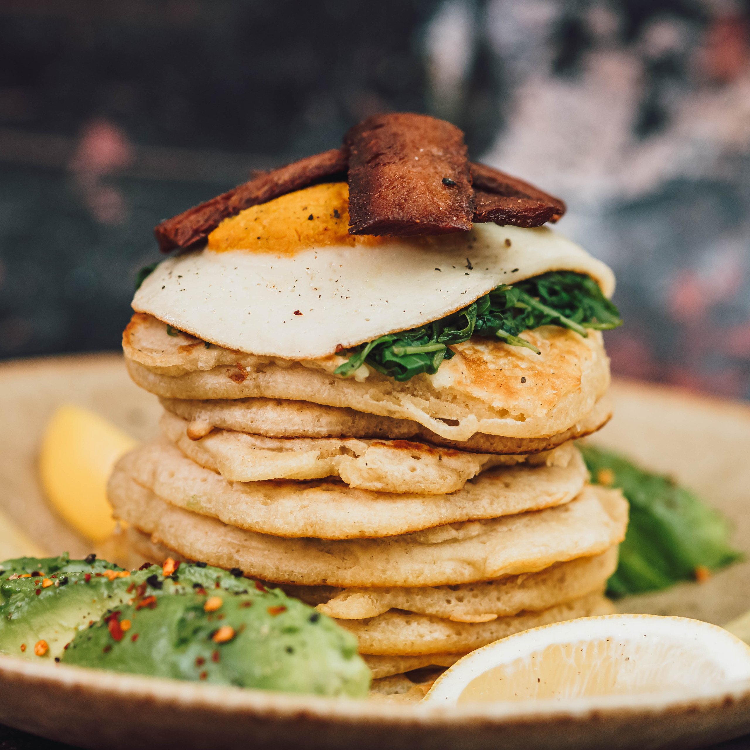 Fried ‘Egg’, Crispy ‘Bacon’, and Spinach Vegan Pancakes