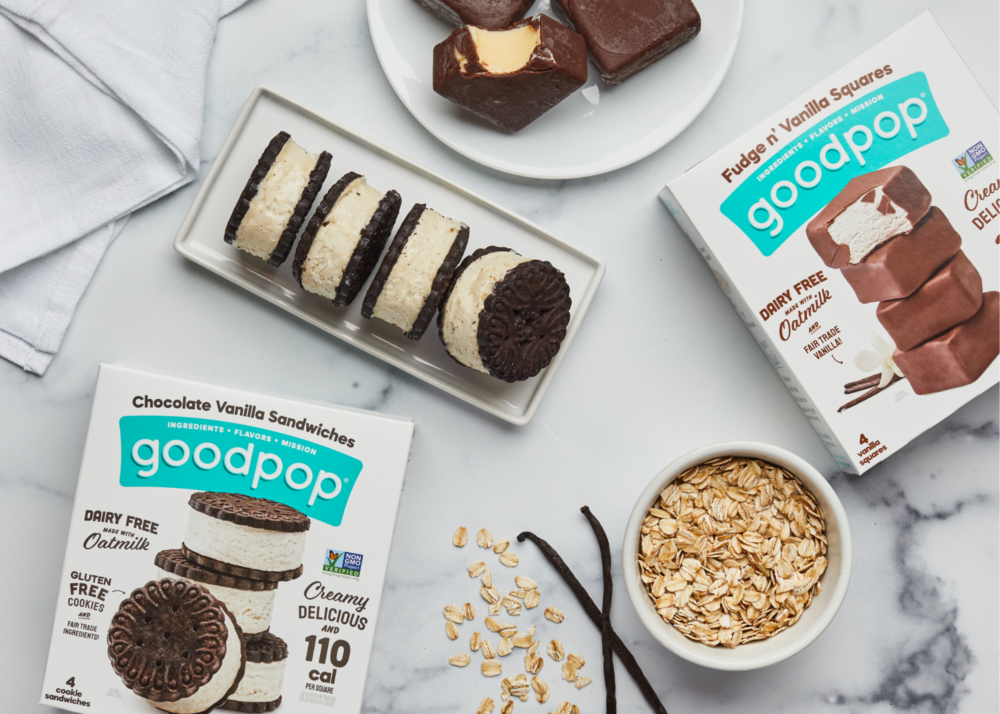 GOODPOP GOES BEYOND THE POP WITH NEW FIRST-OF-ITS-KIND OATMILK FROZEN DESSERT SANDWICHES, FUDGE N’ VANILLA SQUARES, LAUNCHES ORGANIC JUNIOR POPS