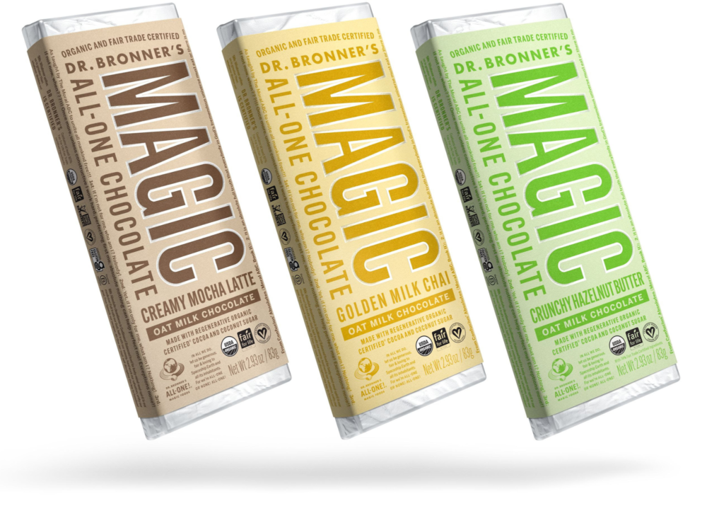 Dr. Bronner’s Launches New Oat Milk Chocolate Line in Three Flavors: Crunchy Hazelnut Butter, Creamy Mocha Latte, and Golden Milk Chai 